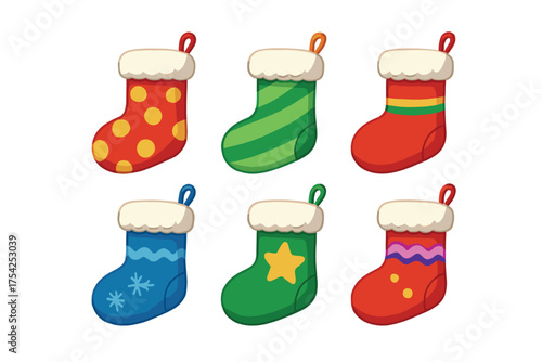 Colorful mugs filled with hot cocoa and marshmallows for winter. Set of 6 vector illustration