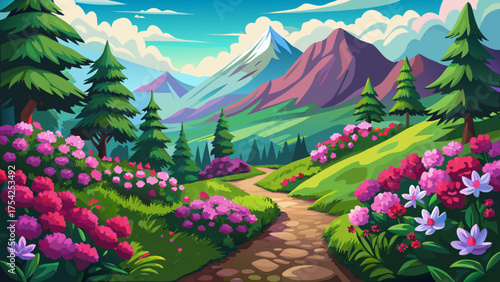Very beautiful scenic mountain trail winding through vibrant pink azaleas surrounded by lush green forests, leading toward a breathtaking panorama of rolling hills — a peaceful summer escape along the