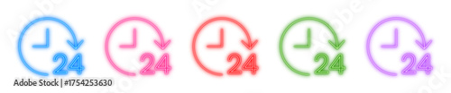 24-hour service neon icon isolated, Glowing availability symbol, Bright 24/7 sign, Luminous clock arrow, or Continuous time vector illustration