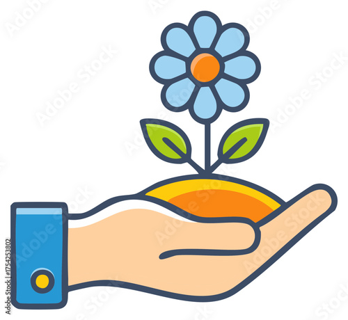 Human hand gently holding a blossoming blue flower growing from a small mound of fertile soil