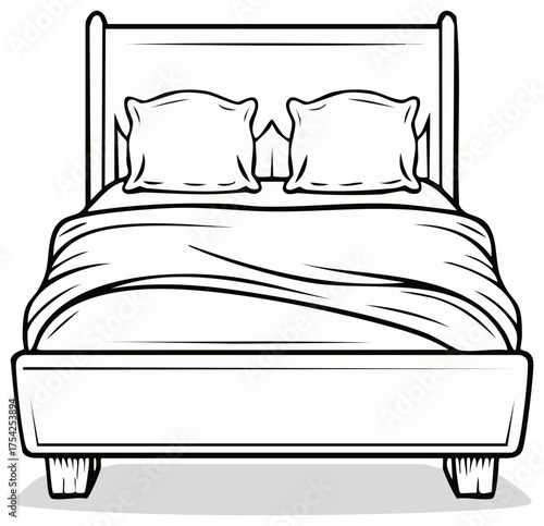 Bedroom Furniture Line Art, Isolated Drawing of Bed with Pillows and Duvet Cover, Comfortable Bedding Illustration