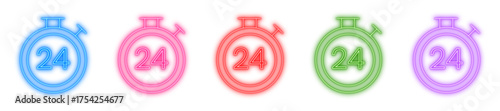 24 hour timer neon icon isolated, Glowing 24h symbol, Bright open 24/7 sign, Luminous all day service, or Shiny twenty four hours vector illustration