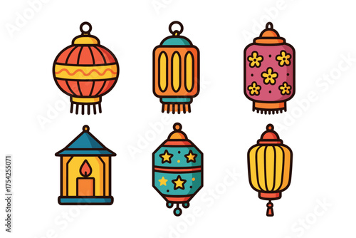 Christmas fireplace design with colorful stockings and warm fire. Set of 6 vector illustration