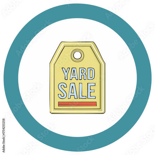Yard Sale price tag icon in a hand drawn cartoon style. Secondhand shopping symbol for community event