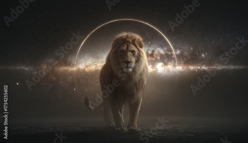Majestic lion portrait against cosmic background illustrative concept