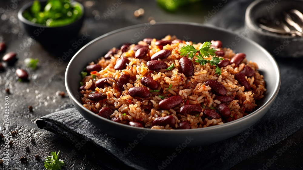 Fototapeta premium Red beans and rice styled on matte grey dish, modern granite counter background, copy space