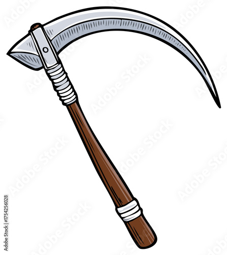 Cartoon scythe illustration, curved blade farm tool, harvest concept, cut and reap