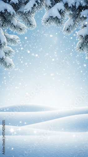 Magical Winter Landscape with Snow Covered Pine Branches and Snowflakes