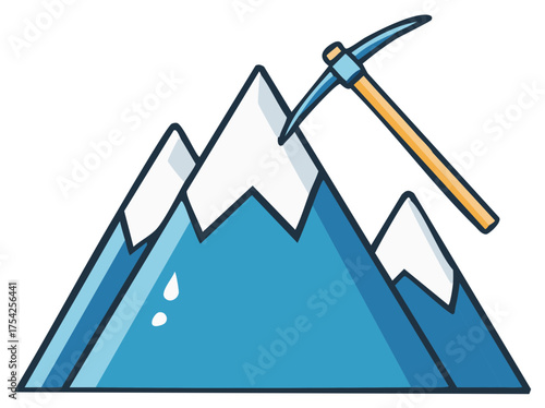 Simple cartoon icon of a pickaxe stuck in a snowy mountain peak for a mining logo