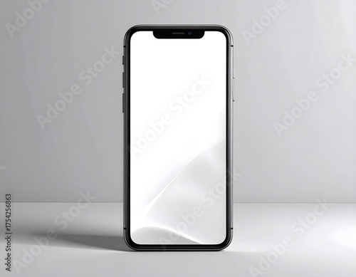 A black smartphone with a blank white screen is displayed on a light grey surface, casting a soft shadow.