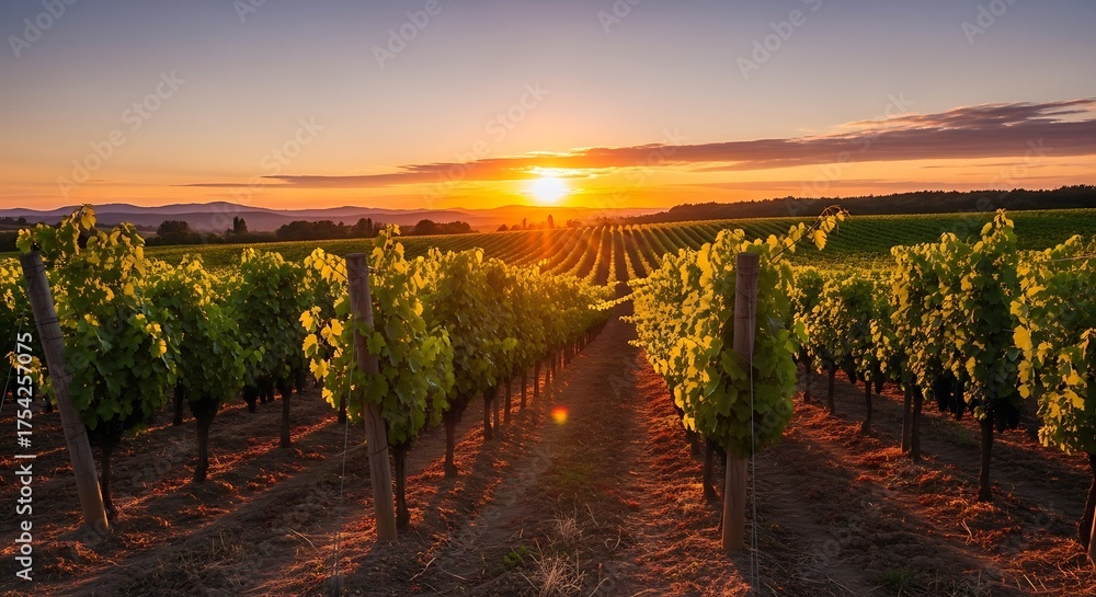 Naklejka premium Vineyard rows bathed in golden sunset light stretching towards distant hills image