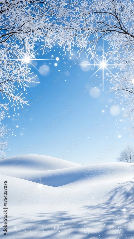 Fototapeta premium Winter Wonderland Snowy Landscape with Frosty Branches and Clear Blue Sky