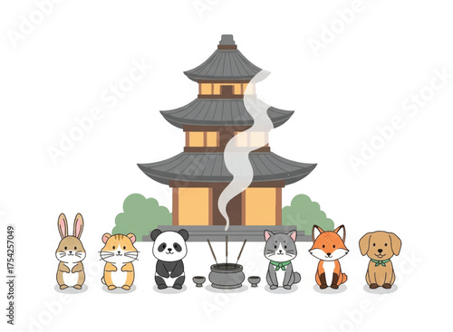 Cute Animals Adore Traditional Japanese Pagoda Temple with Incense Smoke Kawaii Asian Culture Illustration