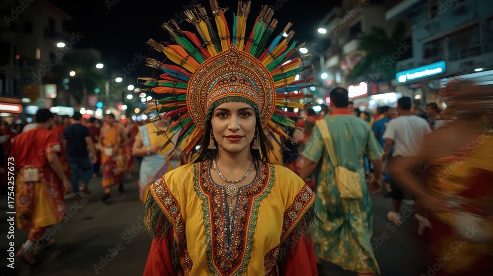 Fototapeta premium A woman wearing a vibrant headdress and costume participates in a lively nighttime cultural festival parade with many people in attendance