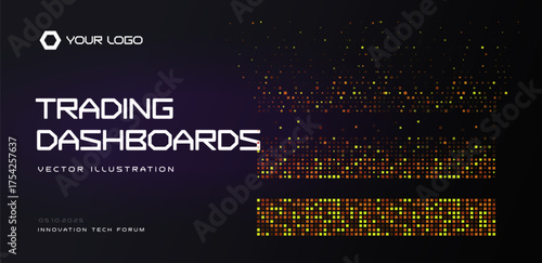 Finance fintech background with abstract pixel pattern forming trading heatmap bars on dark gradient. For trading dashboards, market analytics, fintech apps, exchange reports. Vector illustration