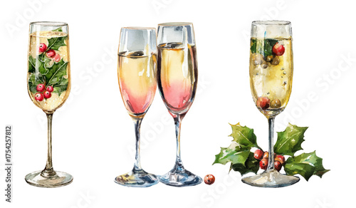 Watercolor set of vintage champagne glasses. Glasses with mulled wine and berries. Christmas chapatti. Retro alcoholic drinks in glasses. Merry Christmas.
