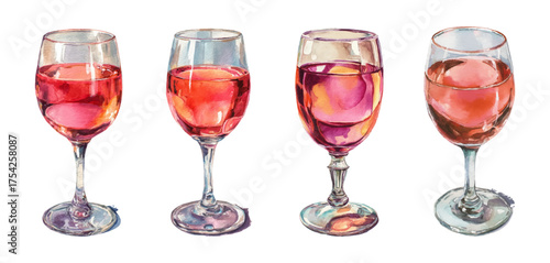 Watercolor set of glasses of rose wine. Glass goblet with rose wine. Vintage bar elements. Hand drawn illustration with alcoholic drinks in glasses. Vector illustration.