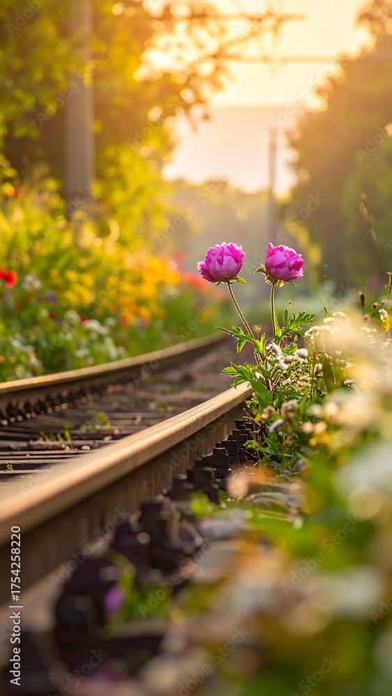 Obraz premium Sunset blooms on railway tracks