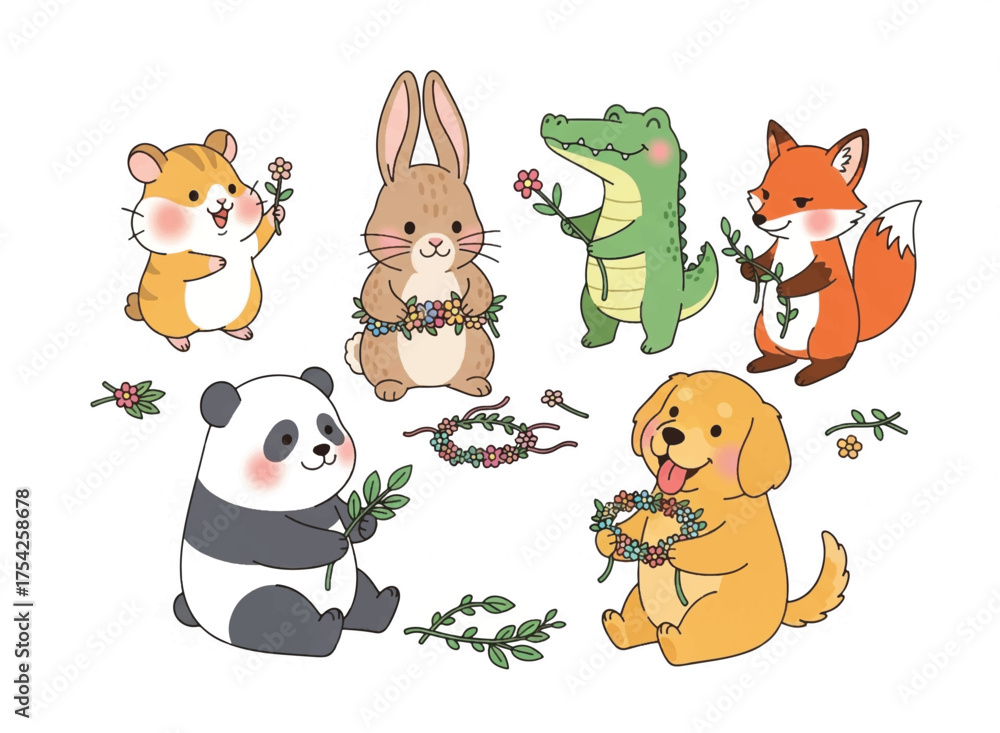 Obraz premium Cute Cartoon Animals Making Flower Wreaths Panda Fox Rabbit Dog Hamster Alligator Adorable Illustration for Children s Designs