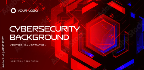 Cyber big data flow with red hexagon circuit network. Digital neural security, AI machine learning defense, digital communication, fraud, hacking. Cybersecurity security systems. Vector illustration