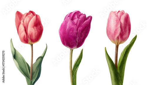 Watercolor set of spring tulips. Tulip flowers with green leaves. First spring flowers. Pink tulip flower. Floral cliparts for spring designs, March 8, Mother's Day, etc.
