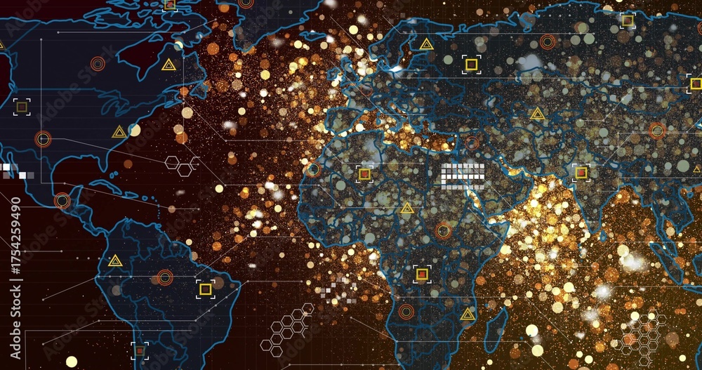 Obraz premium Displaying digital world map showing glowing data points and network lines on interface, with icons