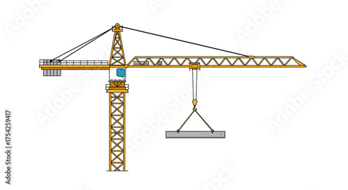Vector illustration of a yellow tower crane lifting a heavy concrete slab, an icon representing building and urban development on an isolated white background