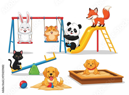 Cute Cartoon Animals Playing on Playground Equipment Rabbit on Swing Panda on Slide Fox Hamster Dog Cat Sandbox Fun