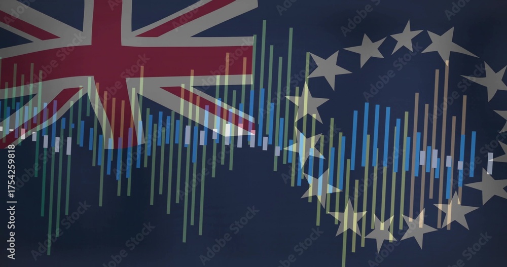 Naklejka premium Displaying graphic combining Union Jack flag, EU star circle, colorful data bars on navy background