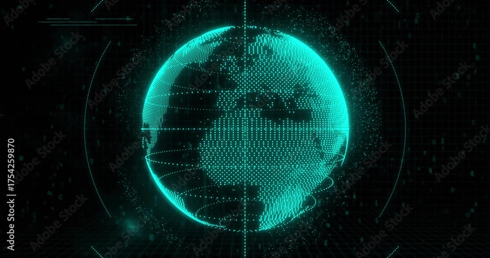 Fototapeta premium Projecting holographic turquoise globe rotating in virtual grid space, with dotted data points