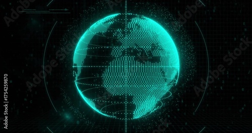 Projecting holographic turquoise globe rotating in virtual grid space, with dotted data points