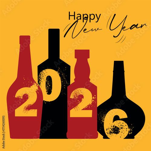 Happy New Year, restaurant banner, bar poster, alcohol bottle collection, brandy, cognac, flat design, 2026 lettering, texture. Realistic stencil design, New Year's illustration, festival