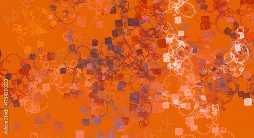 Abstract composition featuring interconnected shapes of various colors against an orange backdrop