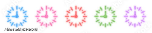Clock neon icon isolated, Glowing time symbol, Bright watch graphic, Luminous timer element, or Shiny measurement sign vector illustration