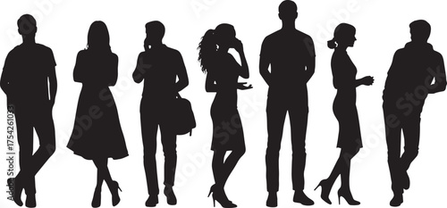Black Silhouette Set of Diverse Modern Adults in Various Standing and Communication Poses	