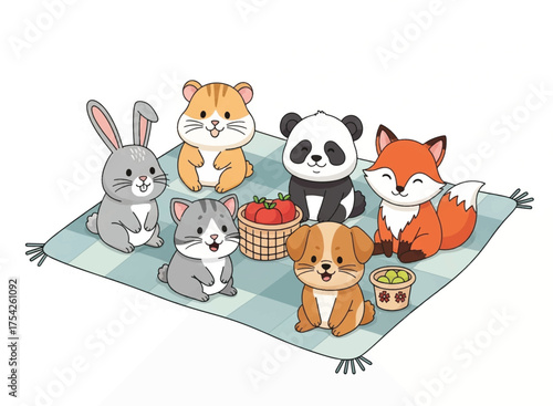 Cute Cartoon Animals Having a Picnic Together Rabbit Hamster Panda Fox Cat and Dog