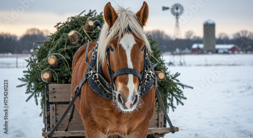 Brown draft horse pulling a wooden wagon loaded with pine trees through snowy farmland at sunrise in winter countryside landscape