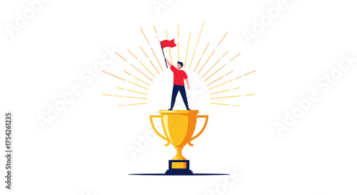 A triumphant person stands atop a golden trophy holding a red flag with rays of light emanating from behind them.