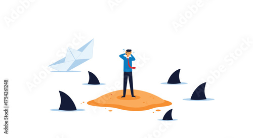 Man stranded on small island surrounded by sharks and a sinking paper boat.
