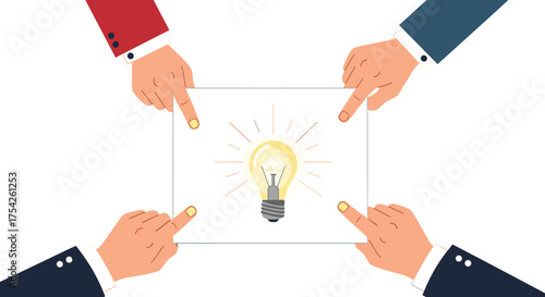 Four hands pointing at a bright idea light bulb on a piece of paper representing collaboration and innovation.