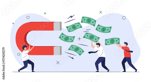 A large magnet attracting money and people trying to grab it.