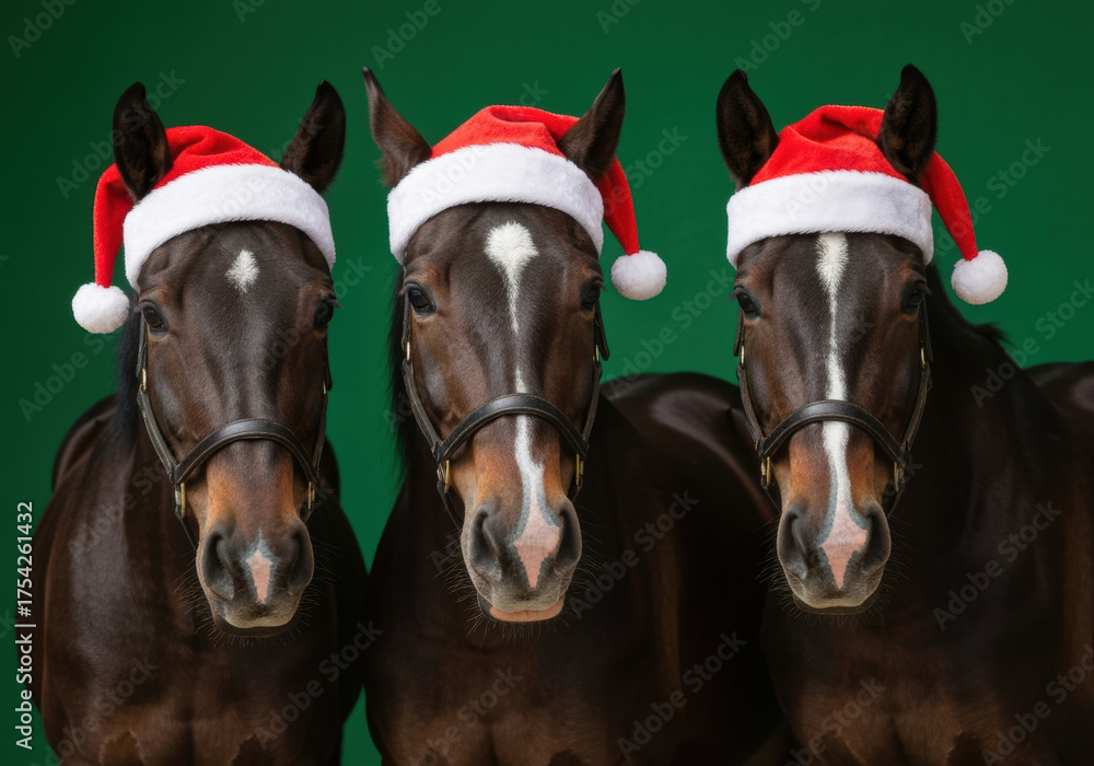 Obraz premium Three brown horses wearing festive santa hats standing side by side against a solid green background in holiday celebration