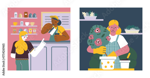 Local Business Scenes — Coffee Shop and Flower Shop Vector Set