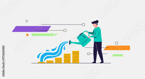 A person waters a plant growing from coins on a graph to symbolize financial growth.