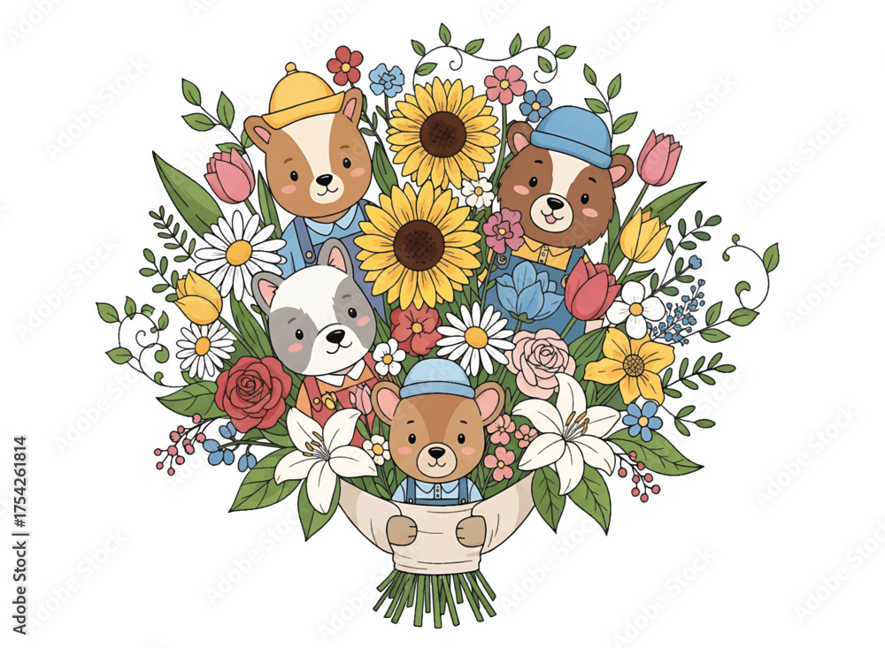 Naklejka premium Adorable Cartoon Bears and Woodland Creatures in a Vibrant Flower Bouquet Illustration Perfect for Children s Books Greeting Cards and Whimsical Designs