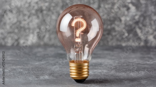 Glowing lightbulb with question mark filament symbolizing curiosity, innovation, and discovery against dark slate background with subtle light flares and copy space