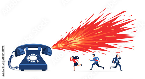 A vintage rotary telephone unleashes a fiery blast of information that sends people running for safety and cover.