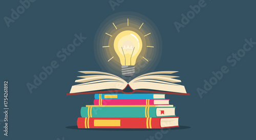 A stack of books opens to reveal a glowing lightbulb symbolizing new ideas and learning.