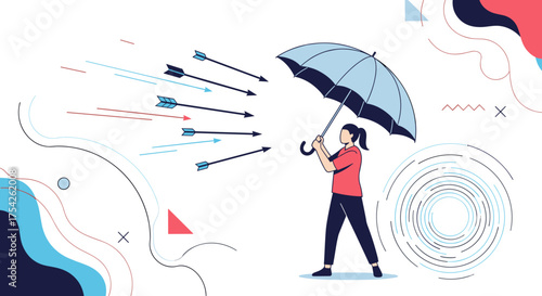 A person with an umbrella protecting themselves from a barrage of arrows.