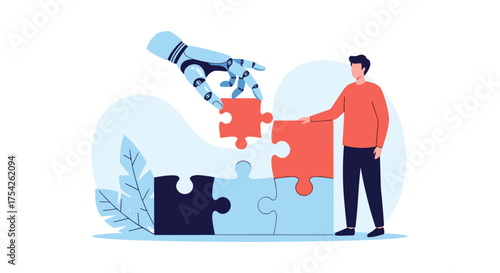 A robot and a person are collaborating to solve a complex puzzle together, symbolizing teamwork and problem solving.